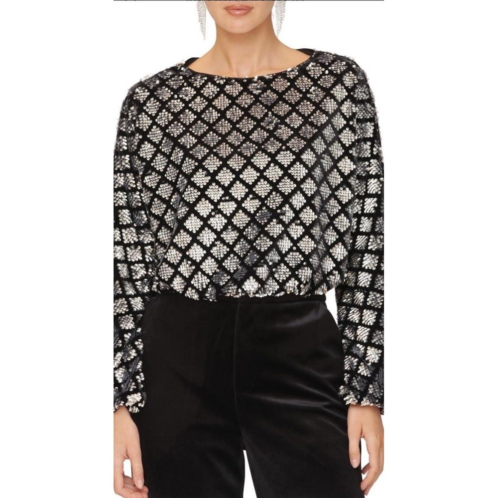 Avec Les Filles Sequin Top Womens L Black Silver Long Sleeve Cropped Party NWT